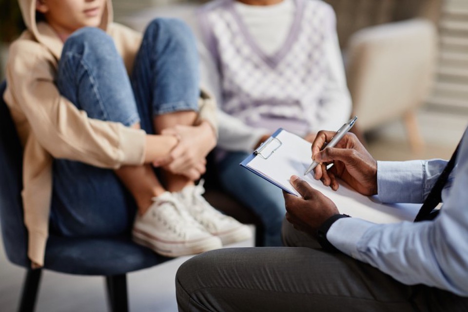 A social worker counsels family members.