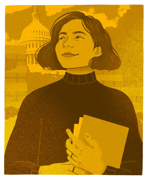 An illustration of a student standing in front of the Capitol Building holding a stack of notebooks and smiling off into the distance.