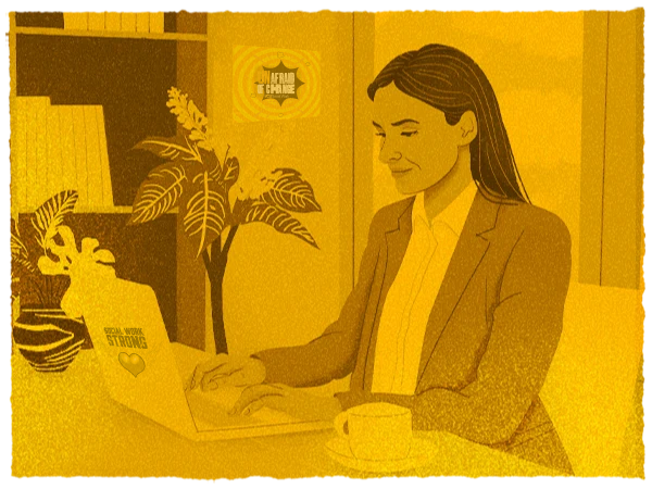 An illustration of a woman wearing a blazer working on a laptop in a private office.
