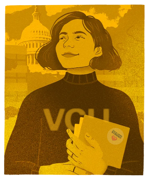 An illustration of a student standing in front of the Capitol Building holding a stack of notebooks and smiling off into the distance.